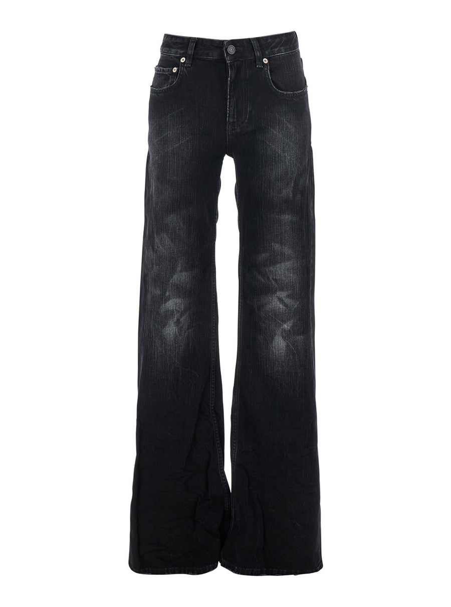 Black Wide Leg Jeans With Faded Effect Cotton