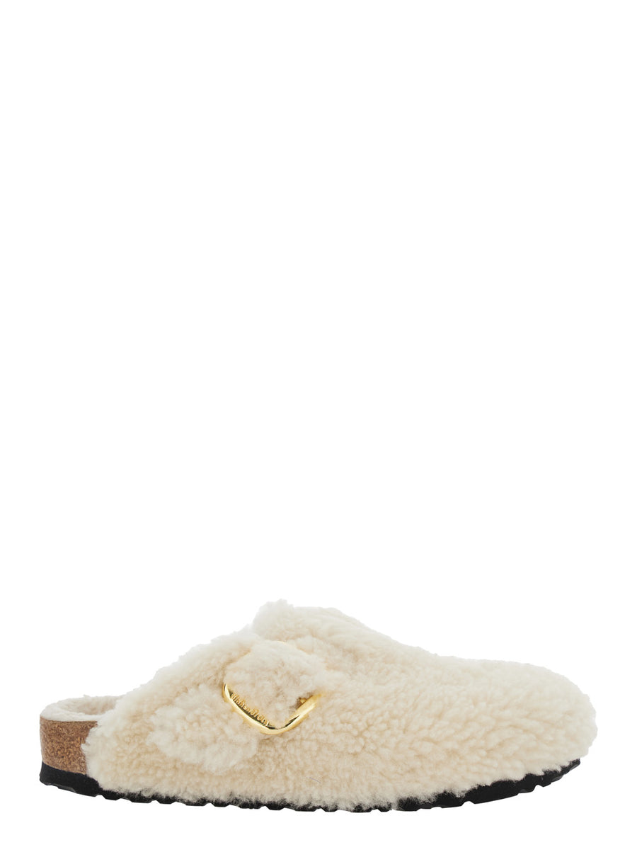 White Slip-On Mules With Buckle Fabric