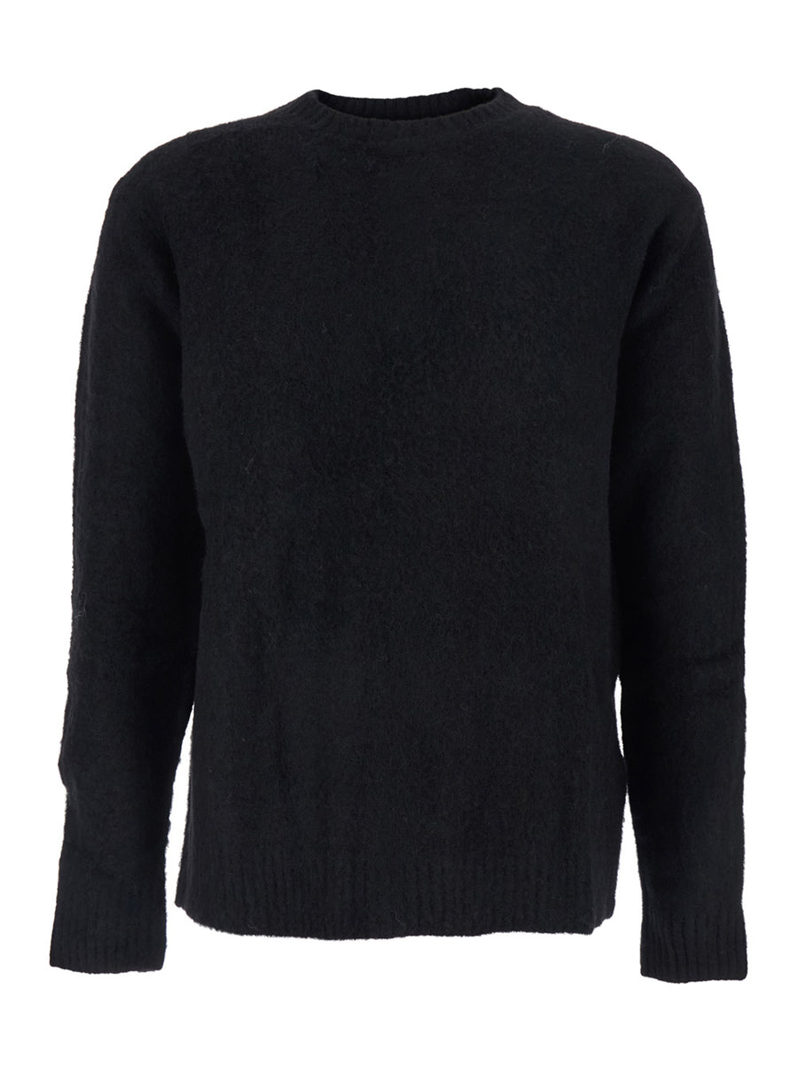Black Crew Neck Sweater With Brushed Effect Alpaca Tops