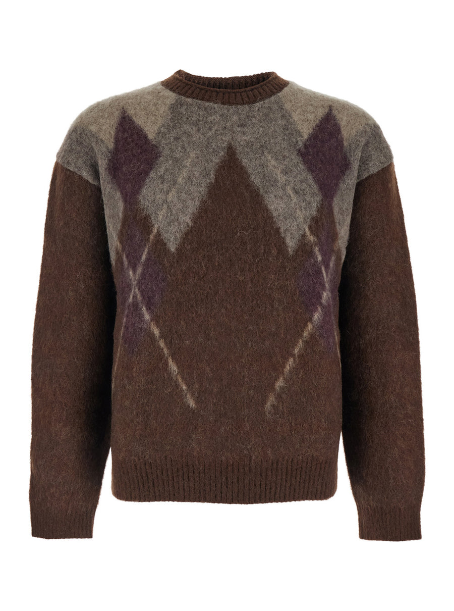 Brown Crewneck Sweater With Argyle Motif Wool Tops