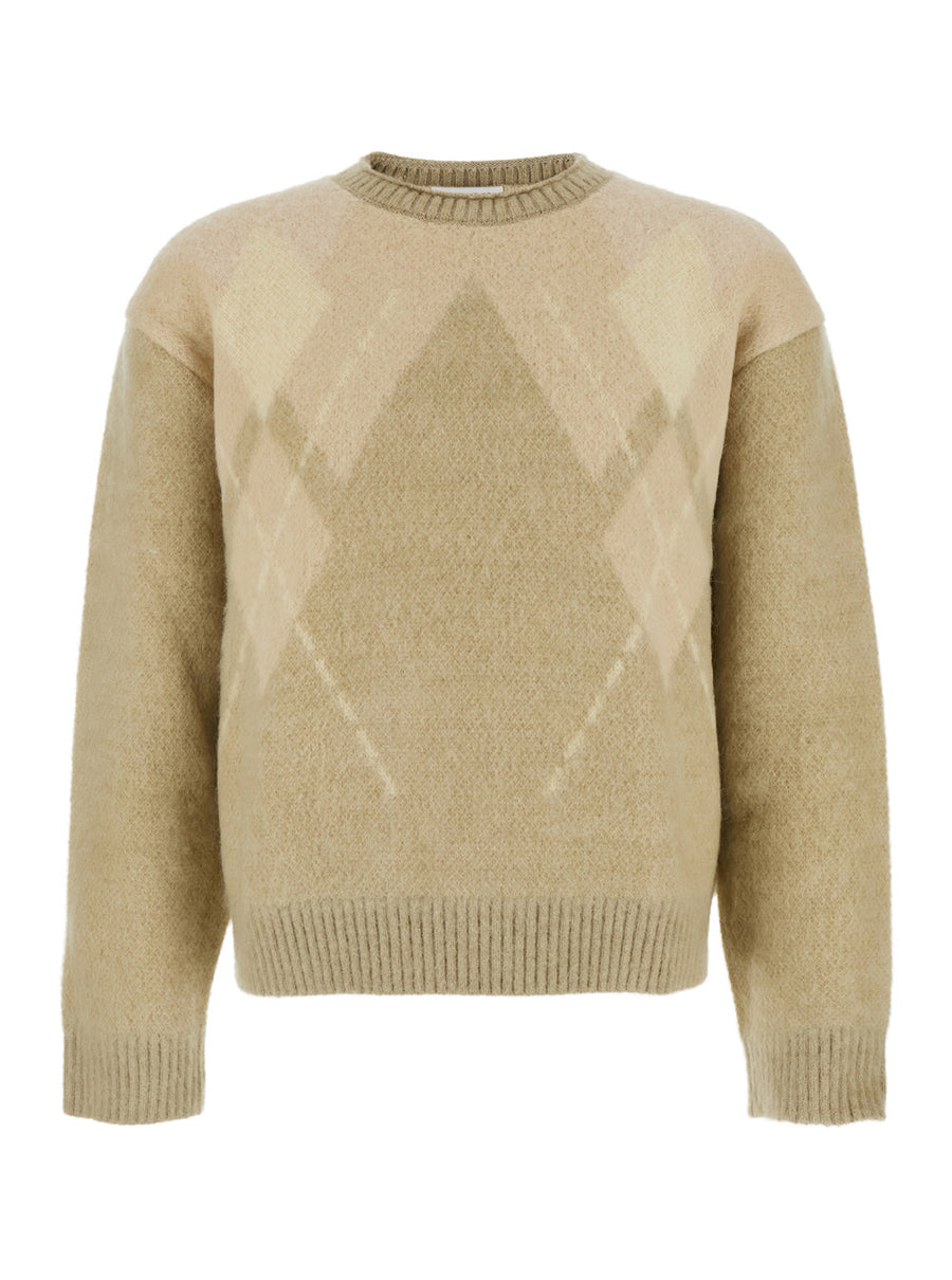 Beige Crewneck Sweater With Argyle Motif Wool Tops