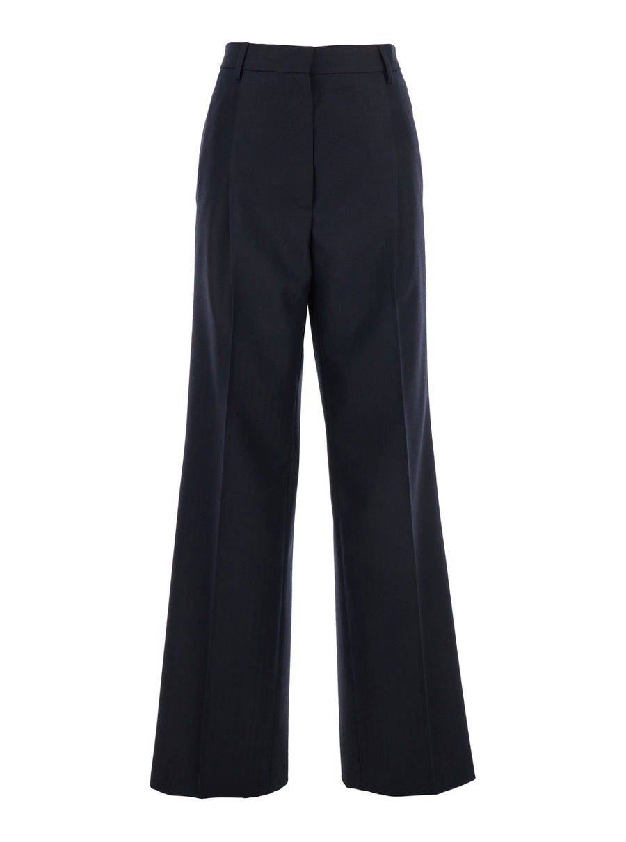 Blue Wide Leg Wool Pants With Pockets Trousers