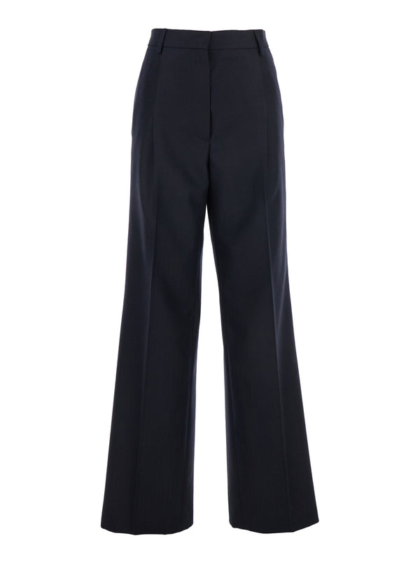 Blue Wide Leg Wool Pants With Pockets Trousers