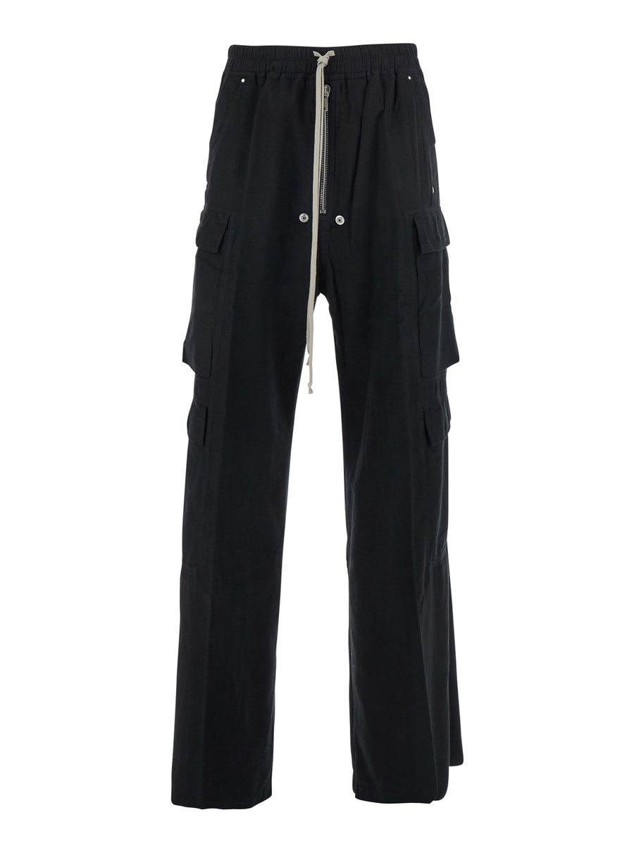 Black Cargo Pants With Drawstring Waist Cotton Trousers