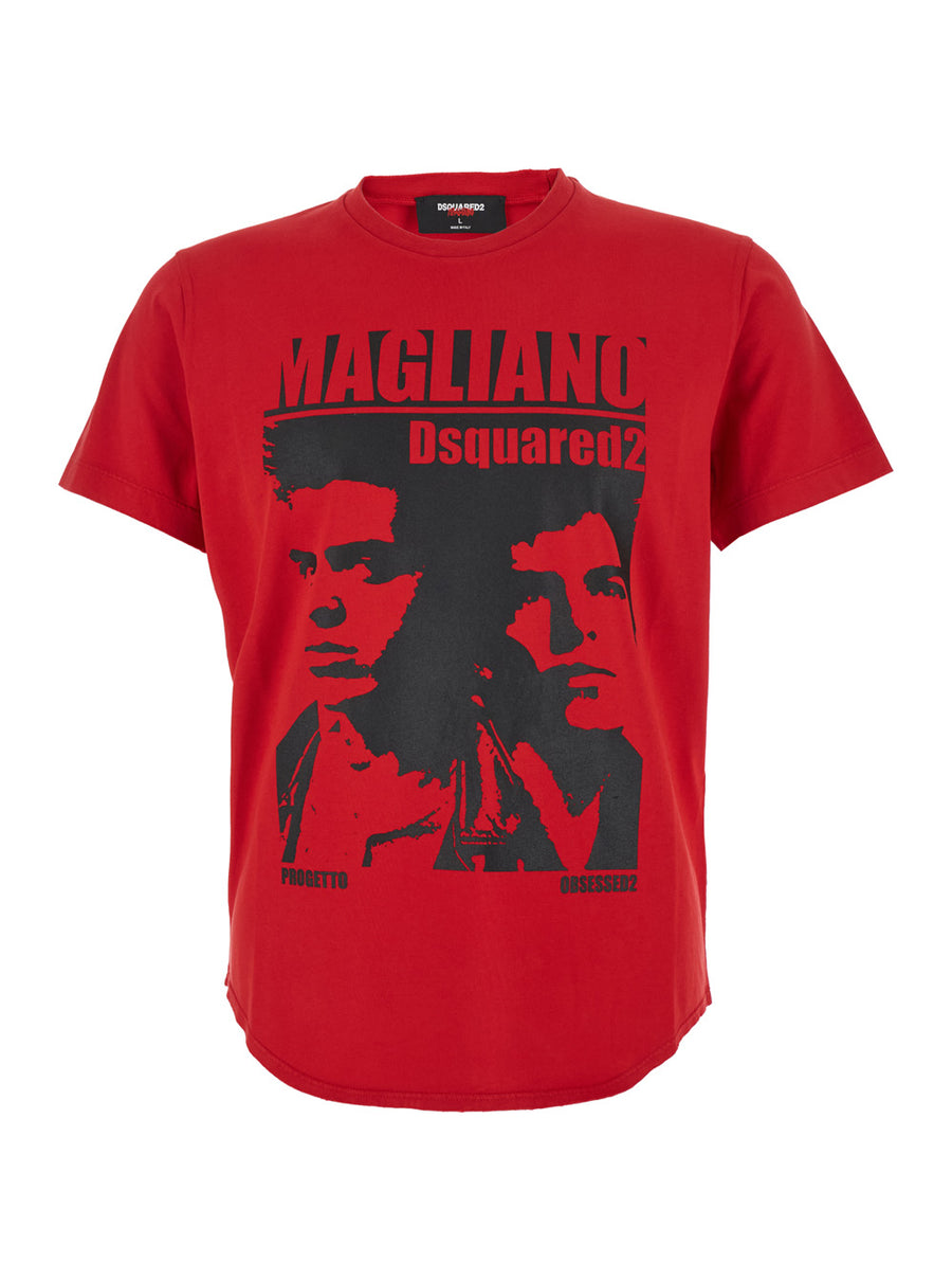 Red Crewneck T-Shirt With Maxi Print Cotton T-shirts