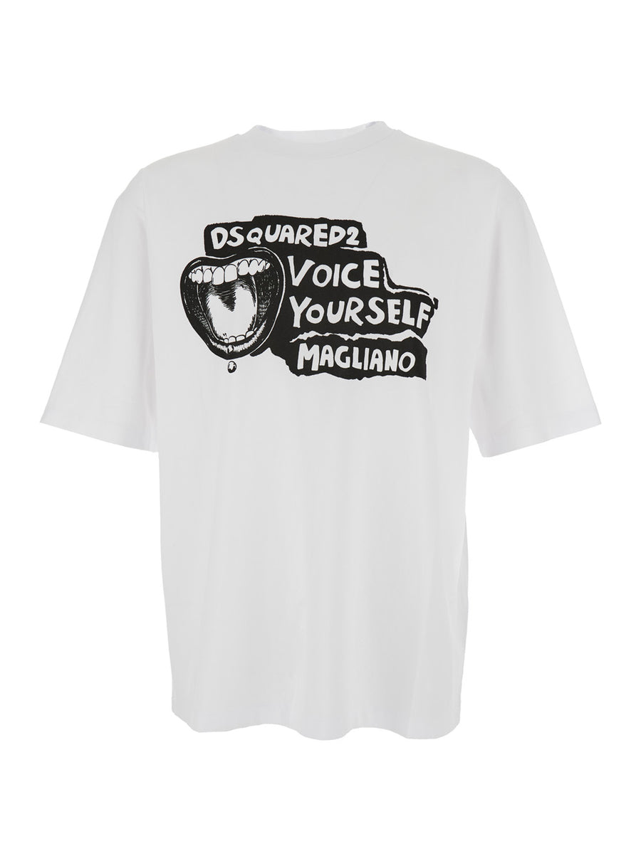 White Crewneck T-Shirt With Maxi Print Cotton T-shirts