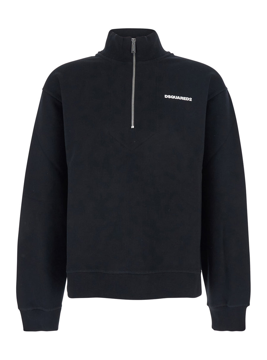 Black High Neck Sweatshirt With Lettering Logo Cotton Sweatshirts