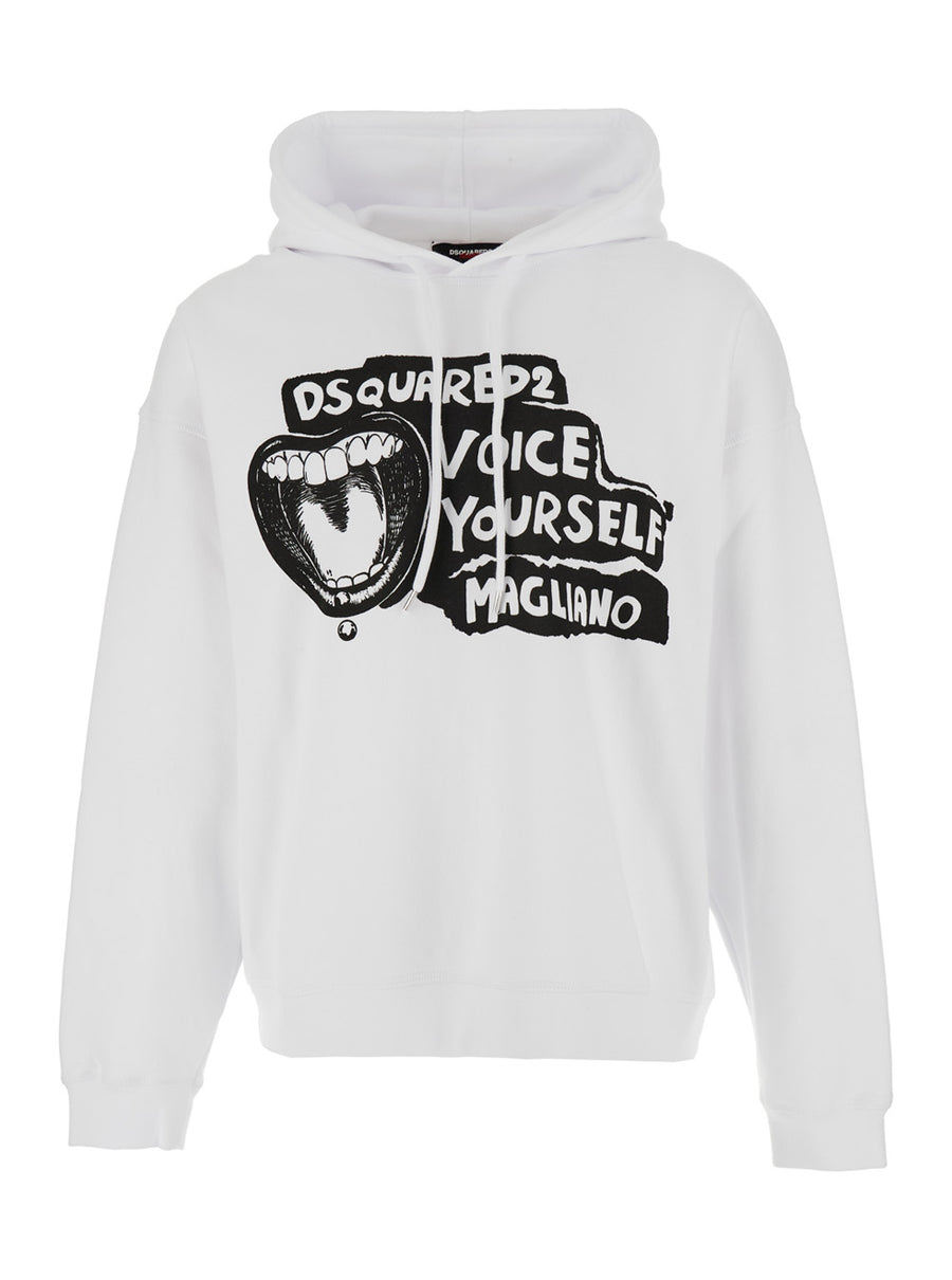 White Hoodie With Drawstring Hood And Maxi Print Cotton Sweatshirts