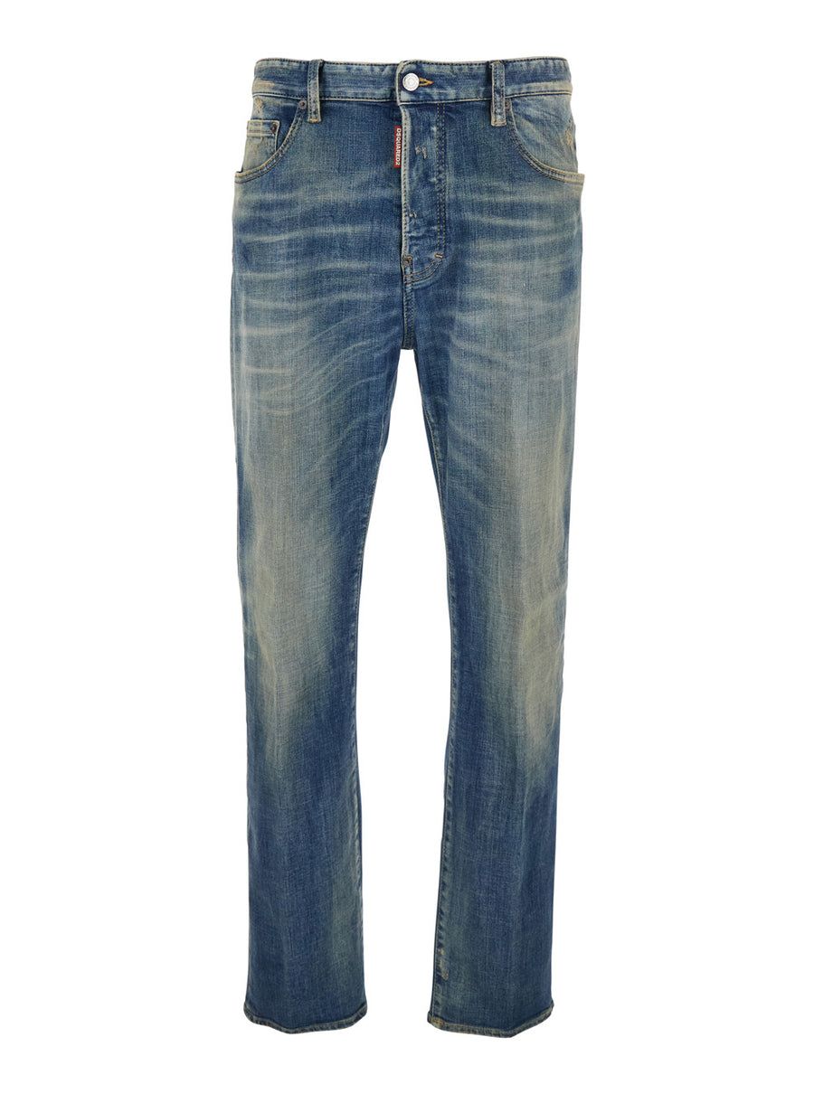 Blue Jeans With Distressed Effect Cotton