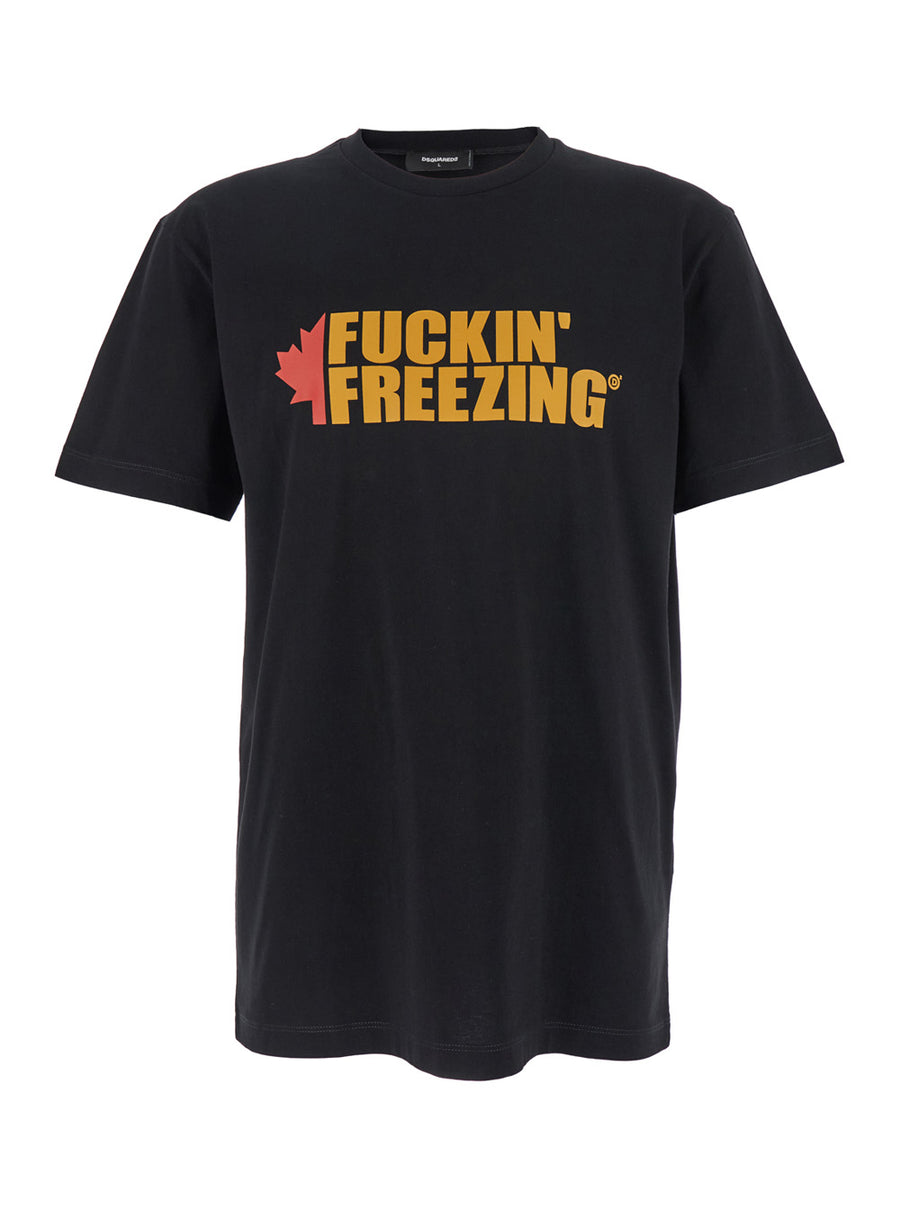 Black Crewneck T-Shirt With Front Print Cotton T-shirts