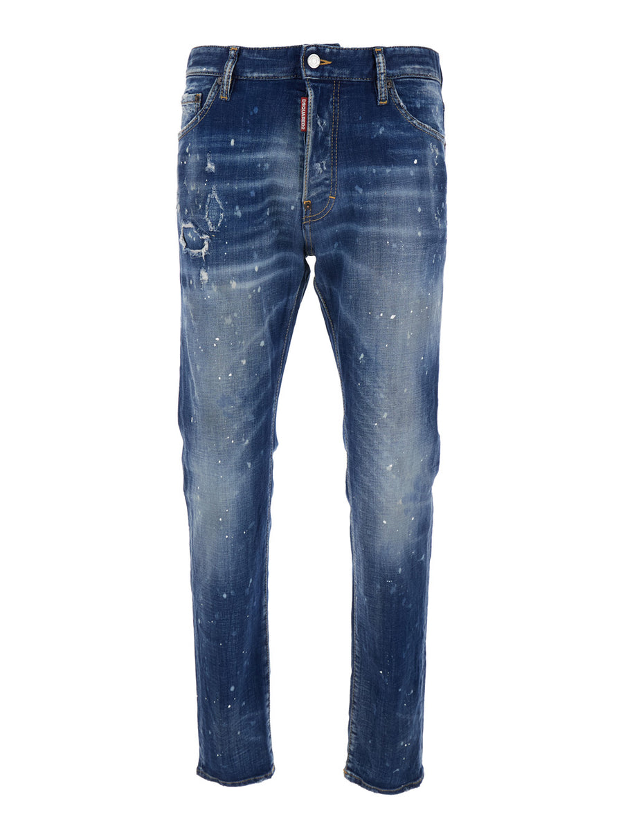 Blue Jeans With Belt Loops And Painted Details Cotton