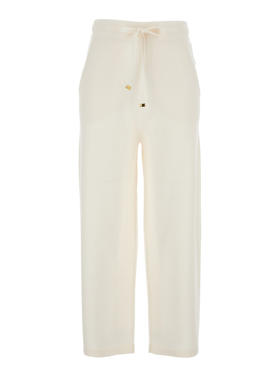 White Pants With Elasticated Waist Fabric Trousers