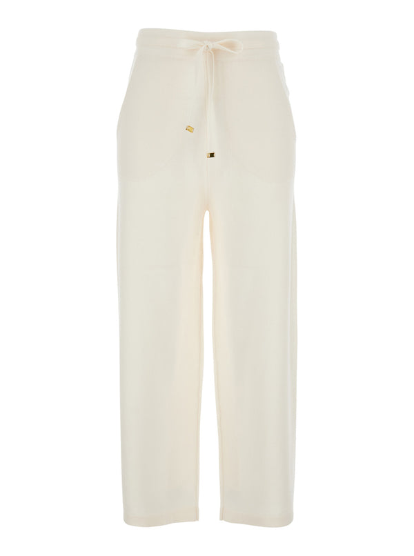 White Pants With Elasticated Waist Fabric Trousers