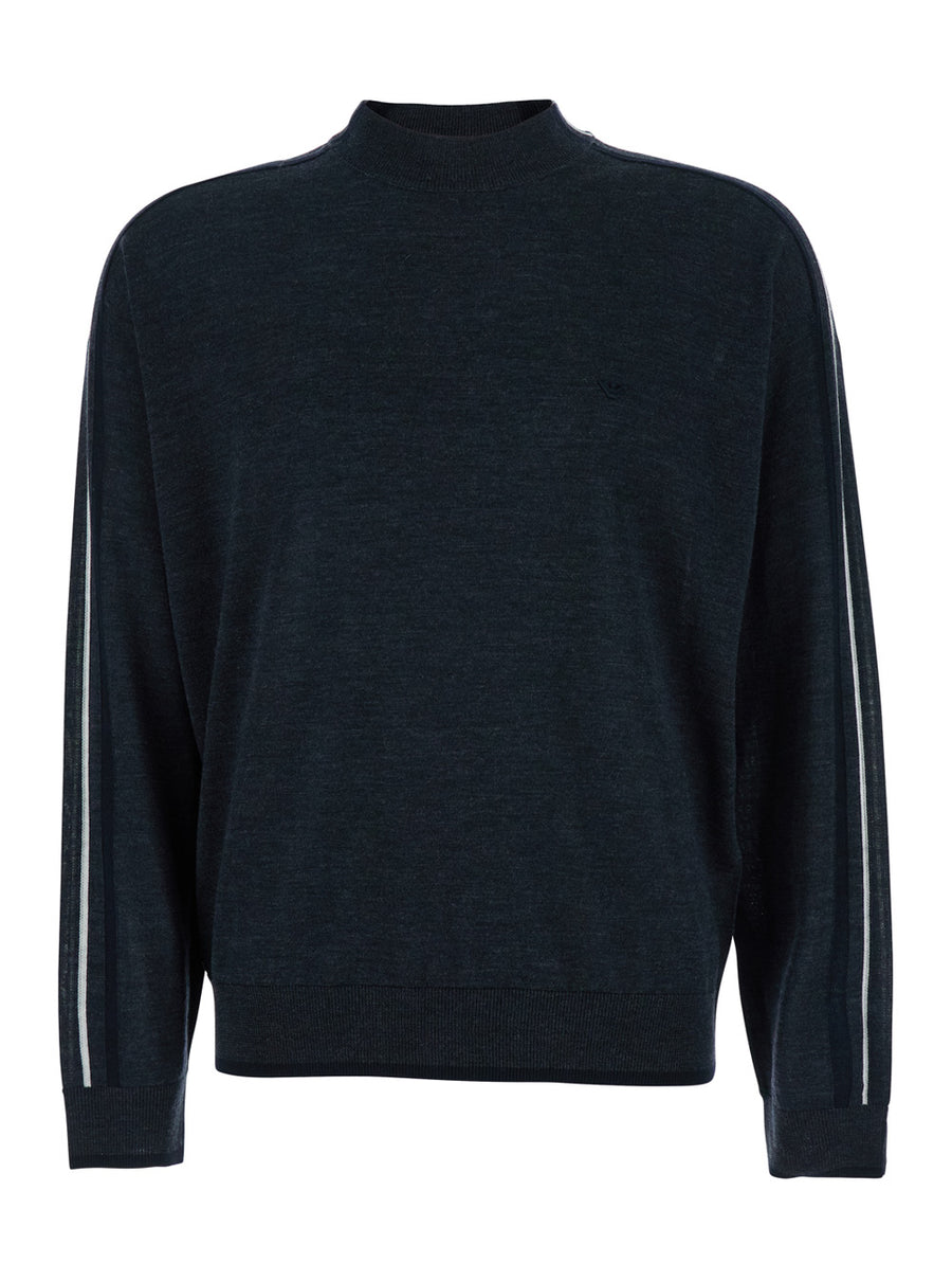 Dark Grey Crewneck Sweater With Stripe Detail Virgin Wool Tops