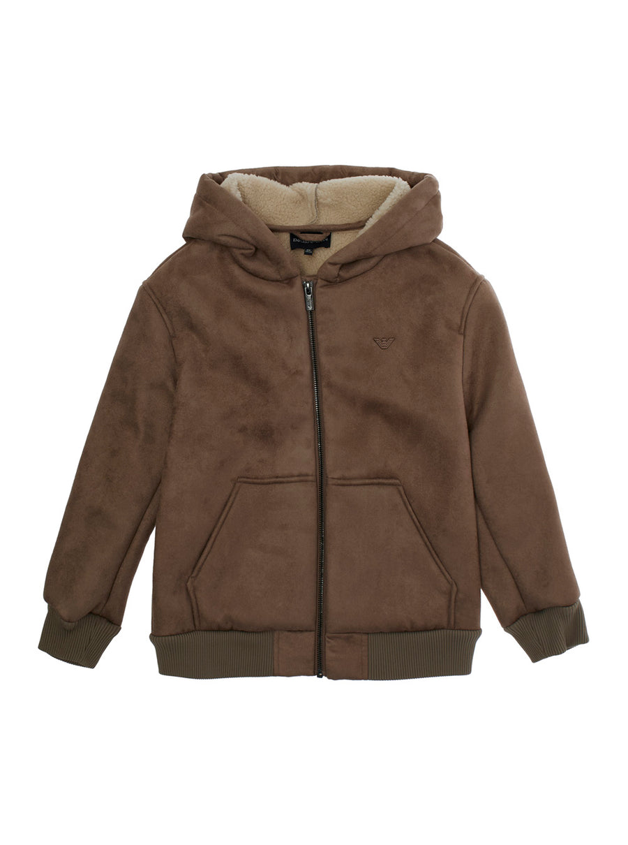 Brown Jacket With Fixed Hood And Logo Embroidery Polyester