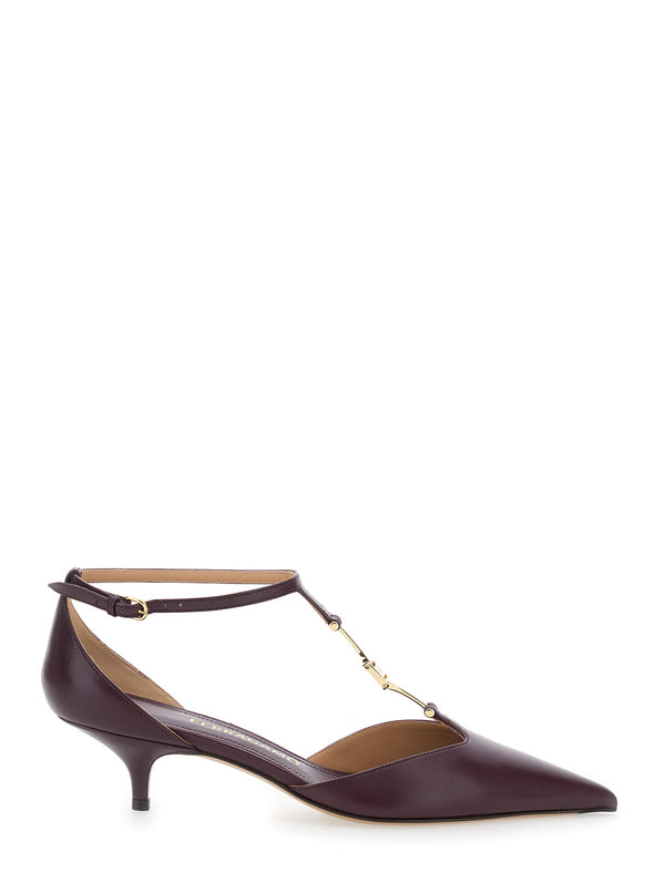 Bordeaux Pumps With T Strap And Low Heel Goat