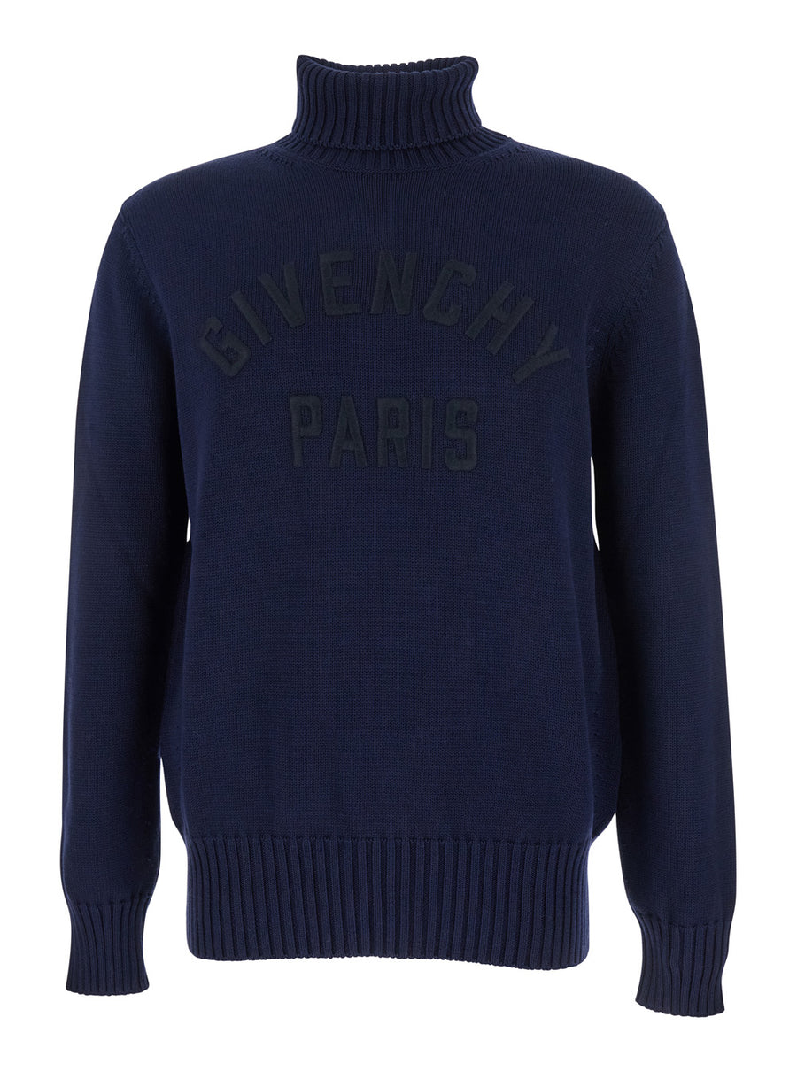 Blue Wool Turtleneck Sweater With Logo Tops