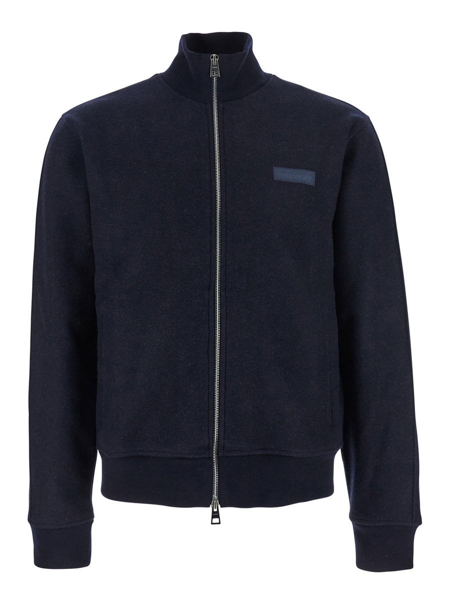 Blue High Neck Jacket With Logo Patch Virgin Wool Coat