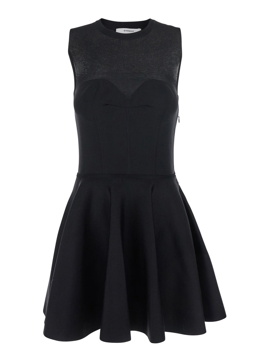 Black Crew Neck Dress With Flared Skirt Viscose