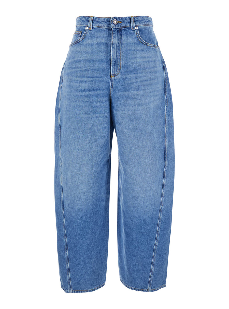 Blue Denim Wide Leg Jeans With Logo Patch Cotton