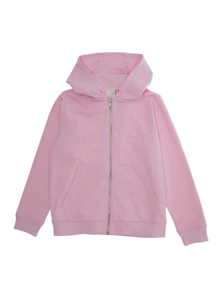 Pink Cardigan With Fixed Hood And Logo Cotton Tops