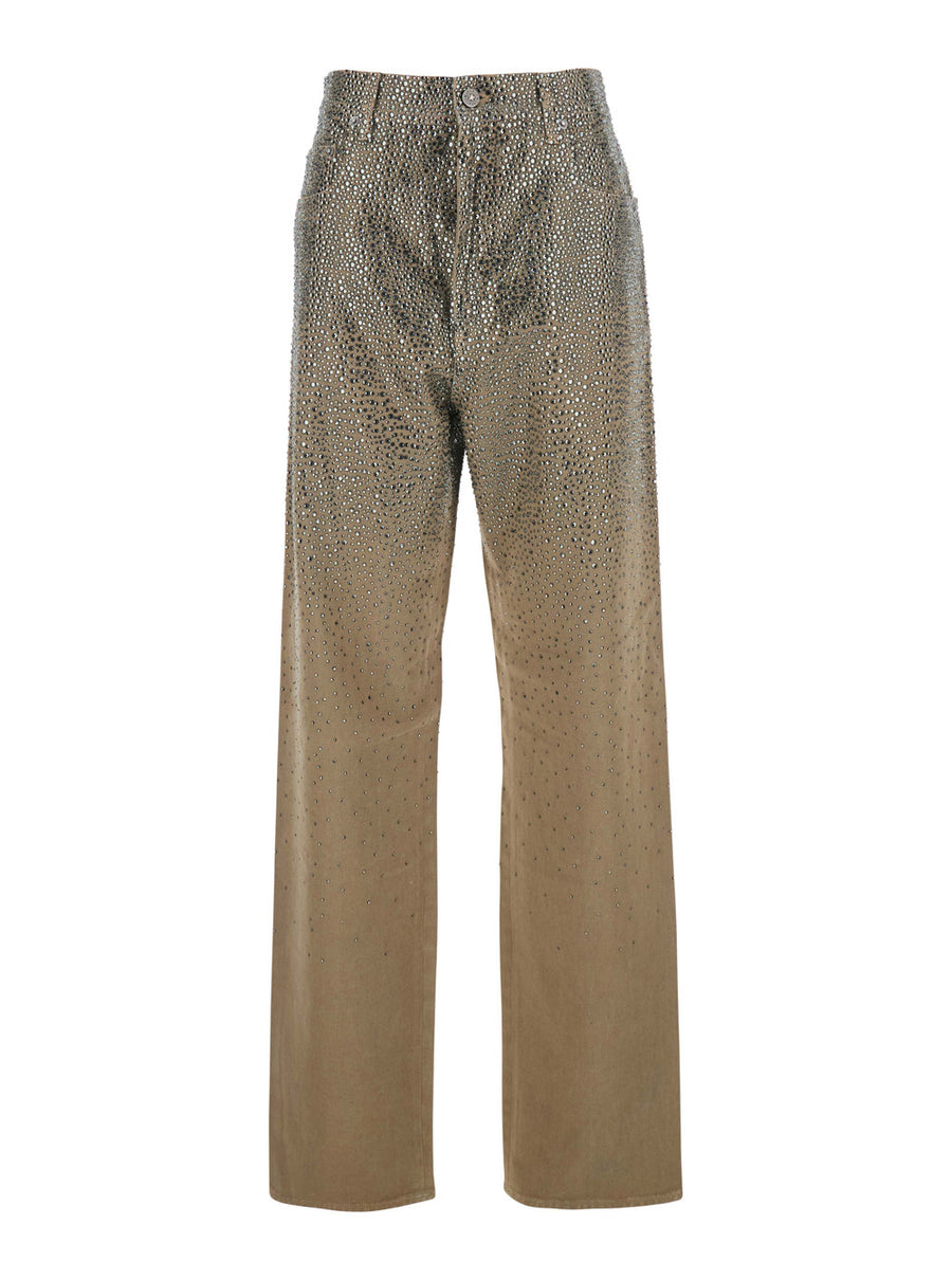 Beige Pants With Crystal Embellishment Cotton Polyester Other Fiber Trousers