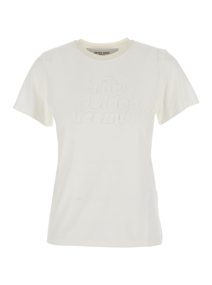 White Crew Neck T-Shirt With Front Embroidery Viscose Polyamide T-shirts & Jerseys