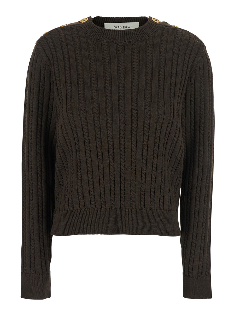 Brown Crewneck Sweater With Interwoven Design Virgin Wool Polyamide Tops