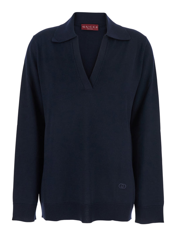 Blue Polo Collar Sweater With Gg Logo Wool