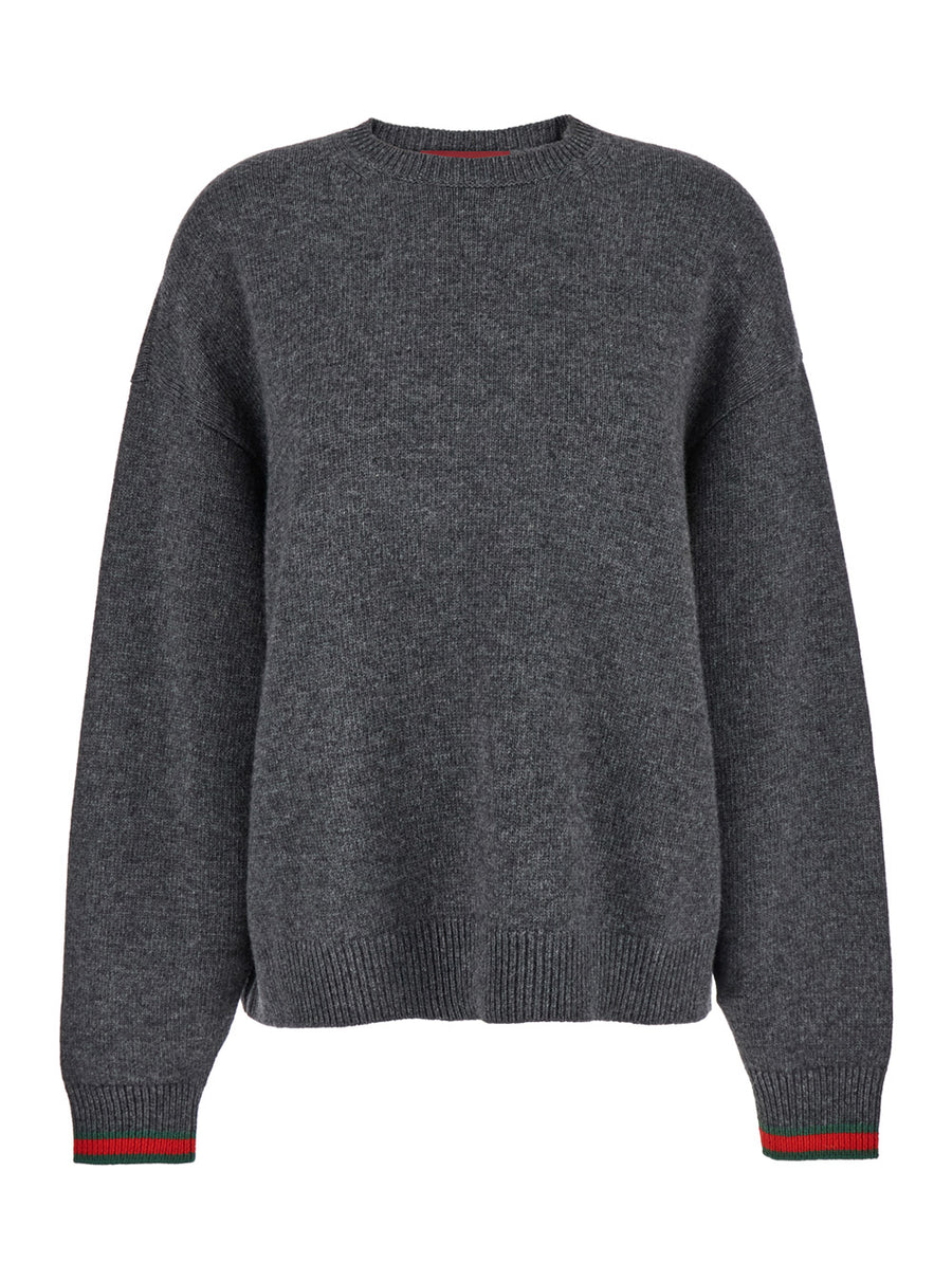 Grey Crewneck Sweater With Web Cuffs Fabric Tops