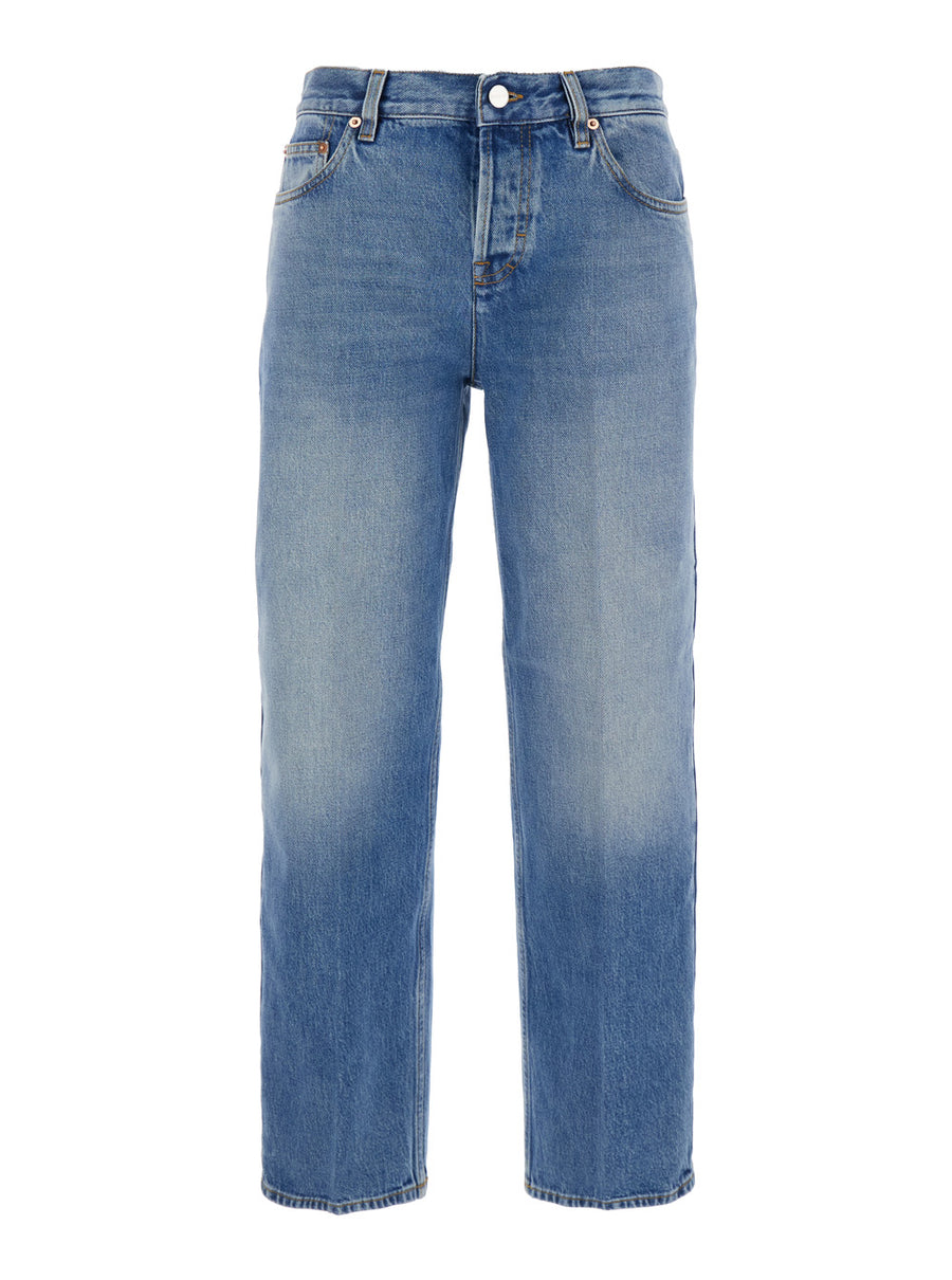 Blue Jeans With Logo Patch And Faded Effect Fabric