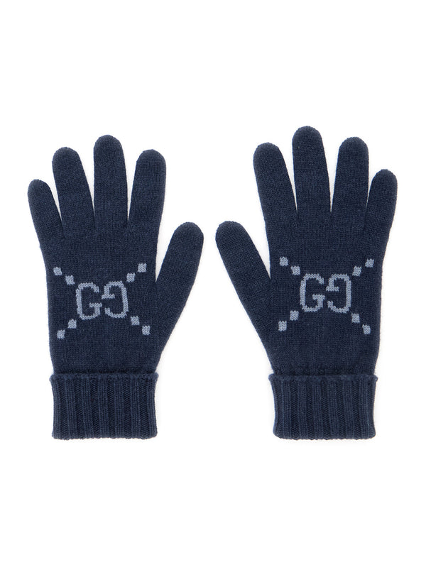 Blue Cashmere Gloves With Gg Logo Hat