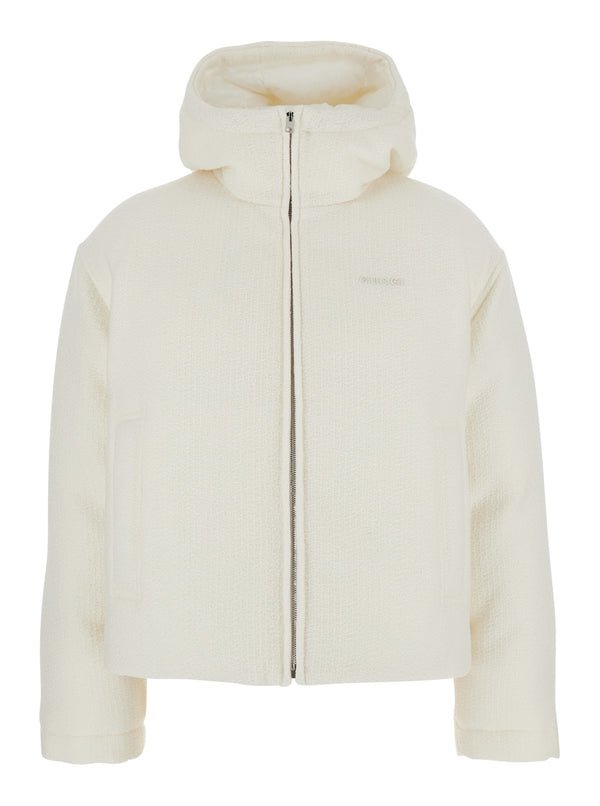 White Wool Bomber Jacket With Hood Coat