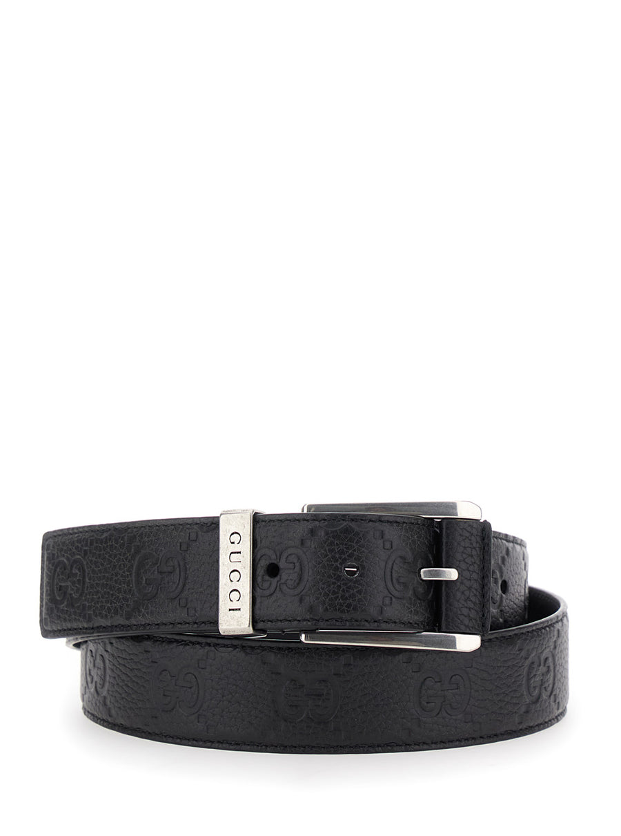 Black Grained Leather Belt With Square Buckle Calf