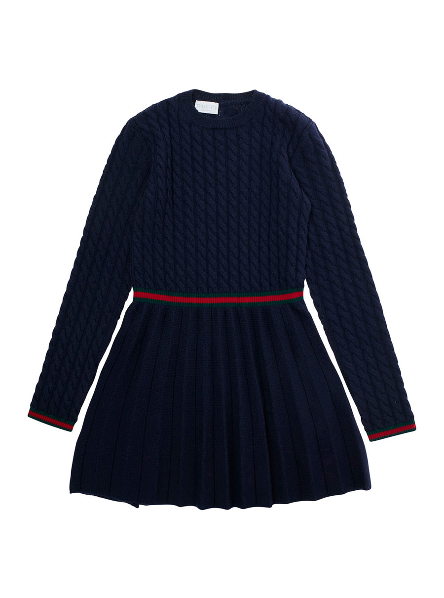 Blue Dress With Round Neck And Web Detail Wool