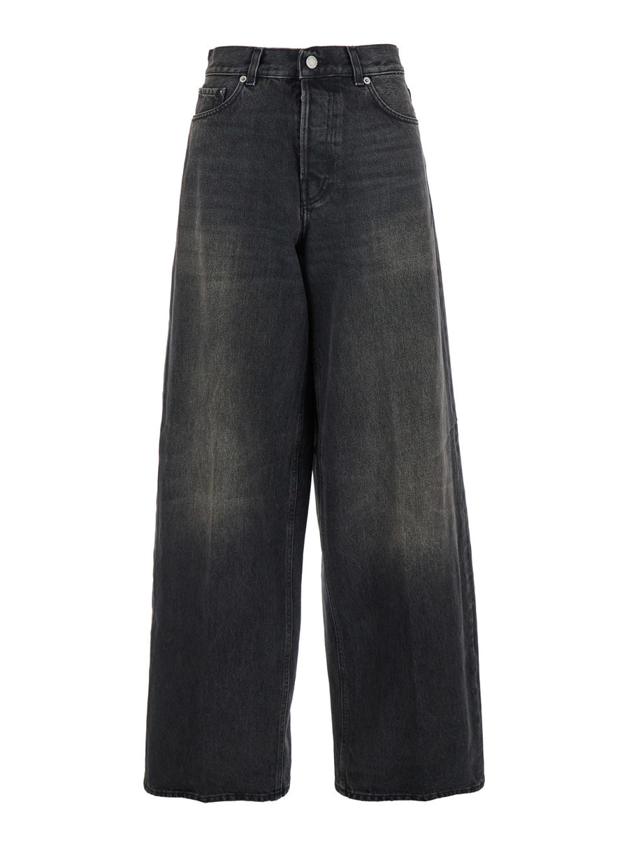 Grey Wide Leg Jeans With Logo Patch Cotton