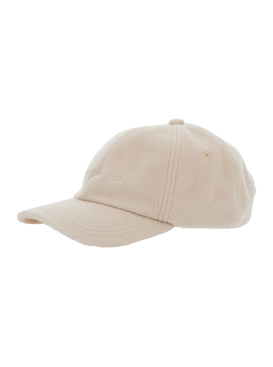 Beige Wool Baseball Cap With Front Embroidery Hat