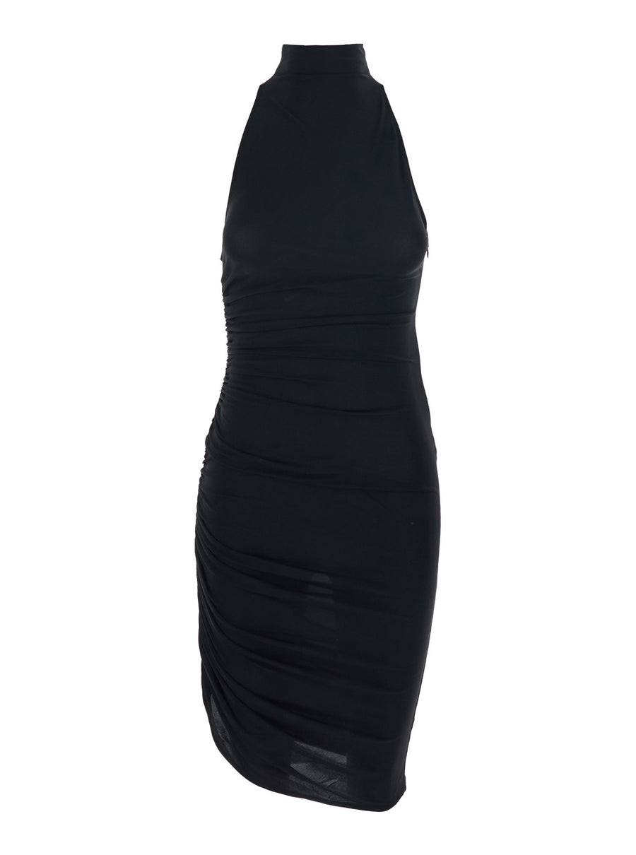 Black Dress With High Neck And Ruffle Details Viscose