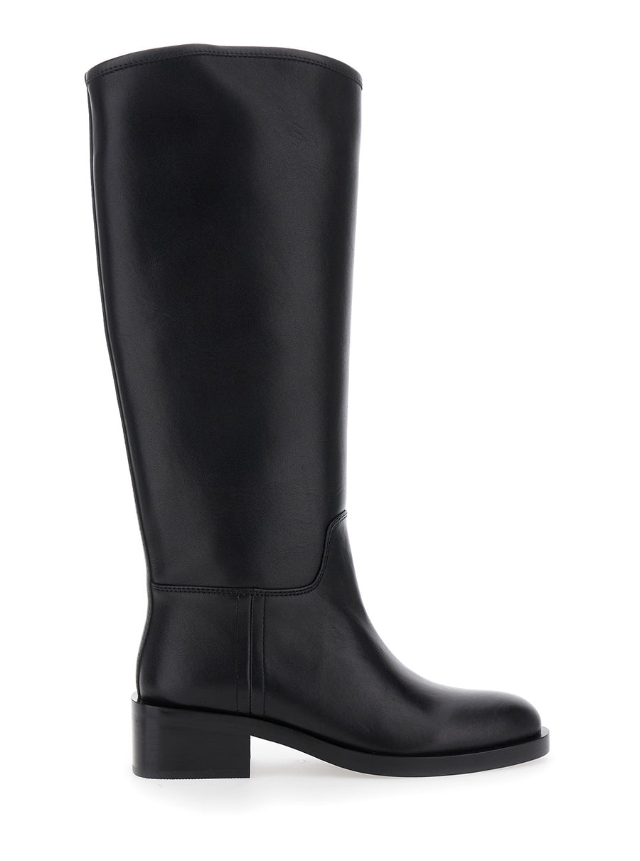 Black Knee High Leather Boots With Block Heel Cow