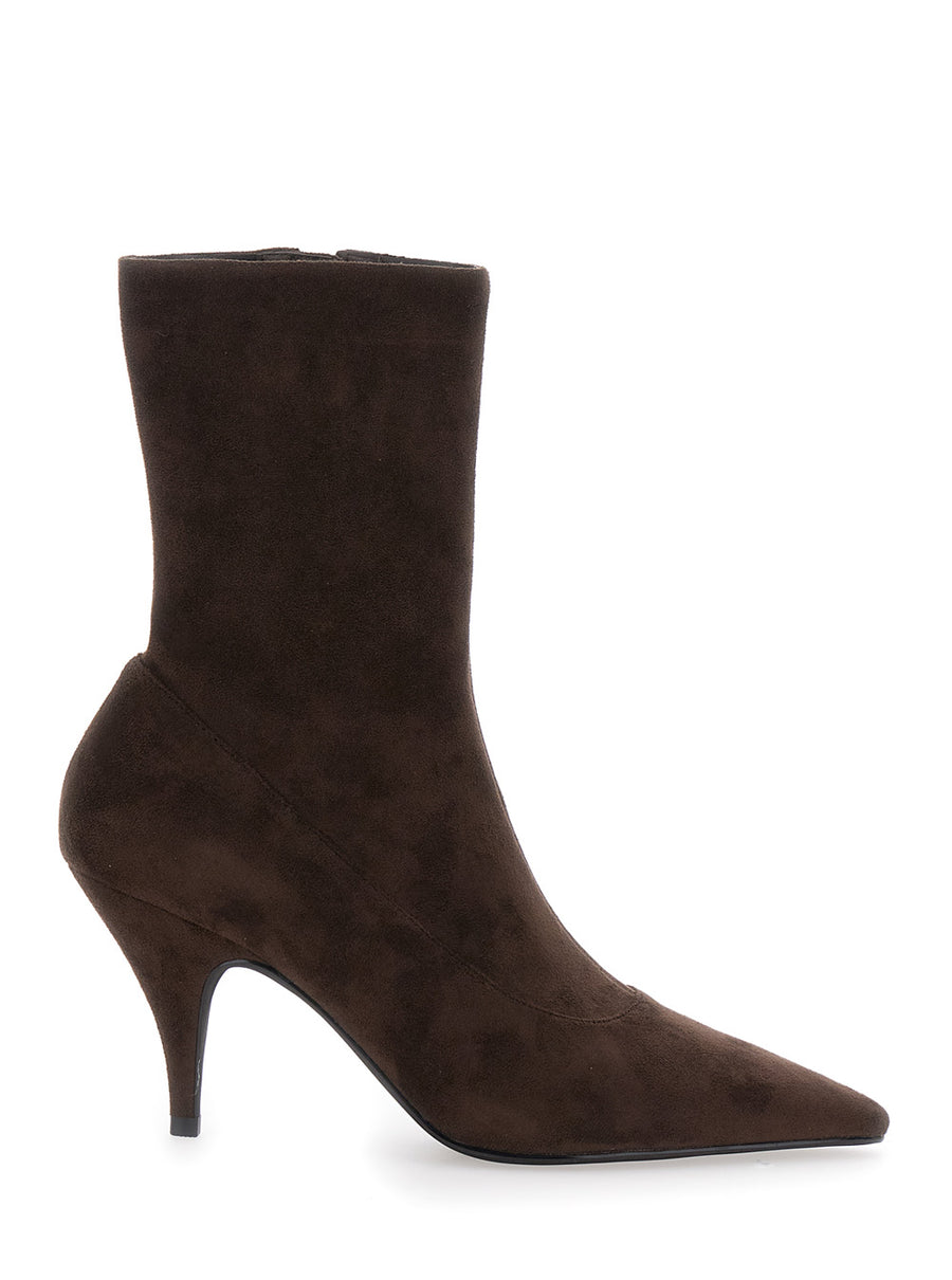 Brown Leather Ankle Boots With Pointed Toe Fabric