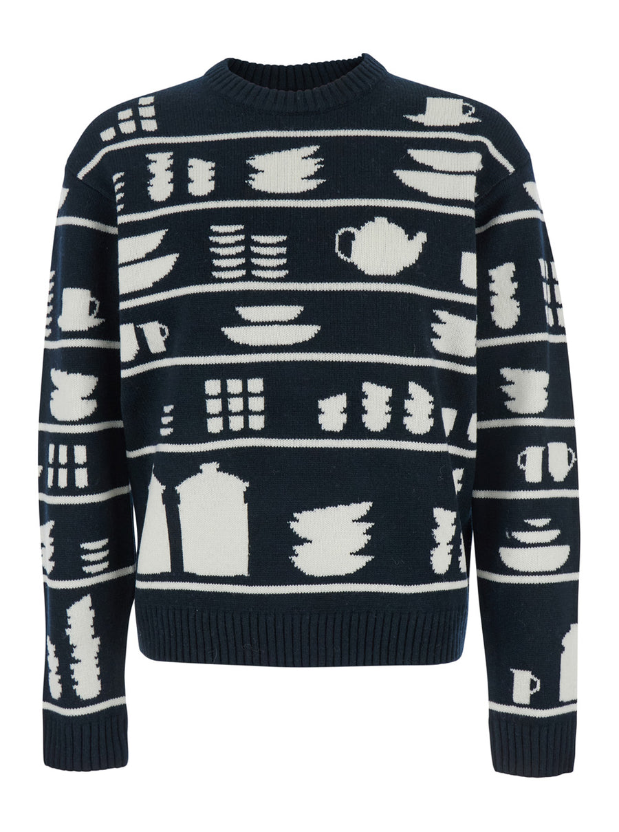 Black And White Crewneck Sweater With Tableware Motif White/black Wool Tops