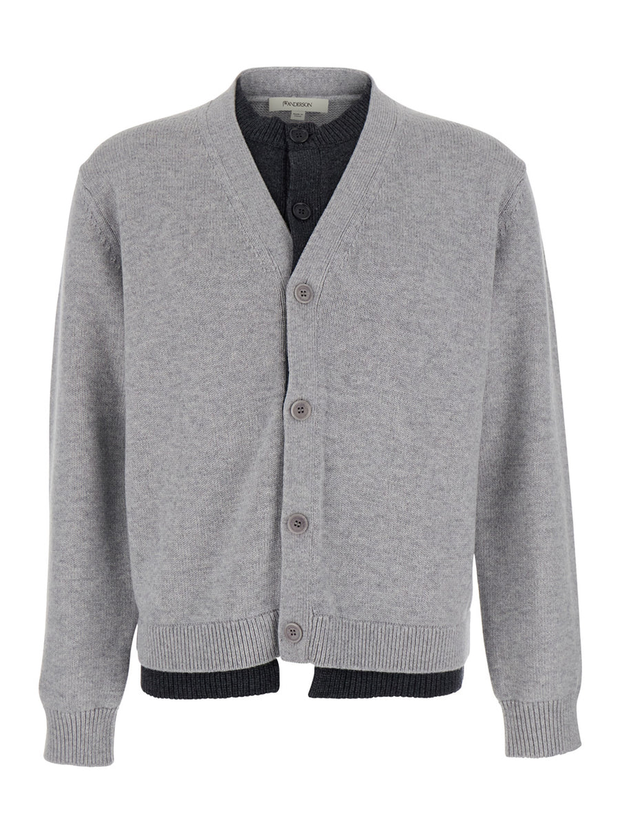 Grey V-Neck Cardigan With Layered Design Fabric Tops