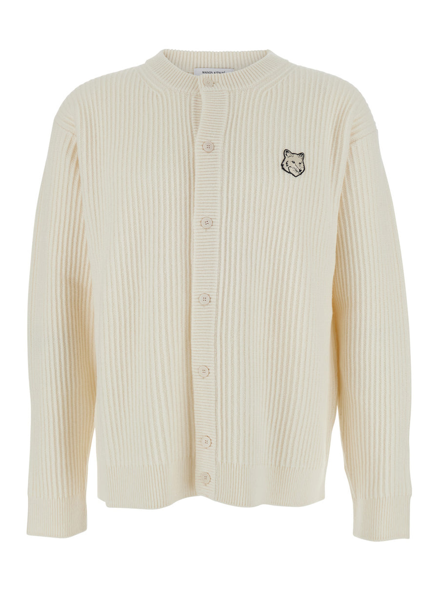 Beige Ribbed Knit Cardigan With Logo Merino Wool Tops