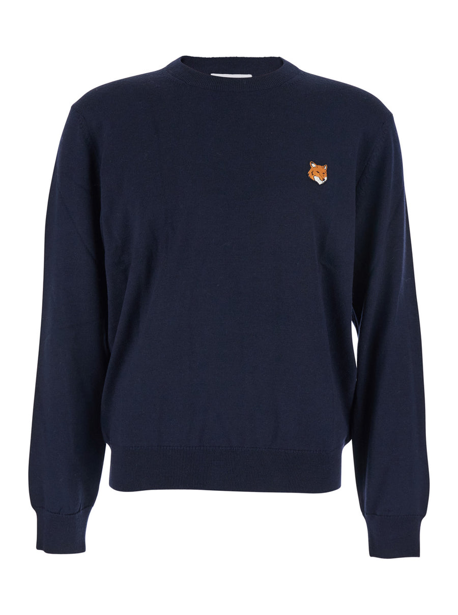 Blue Crew Neck Sweater With Fox Patch Merinos Extrafine Wool Tops