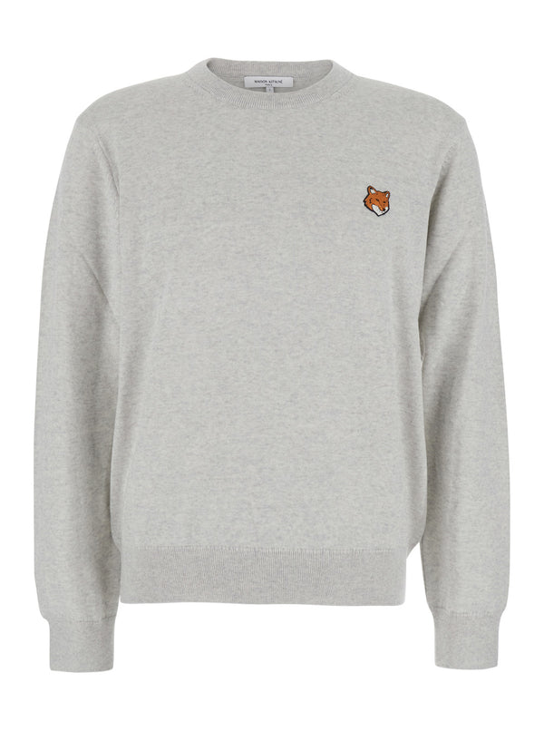 Grey Crew Neck Sweater With Fox Patch Merinos Extrafine Wool Tops