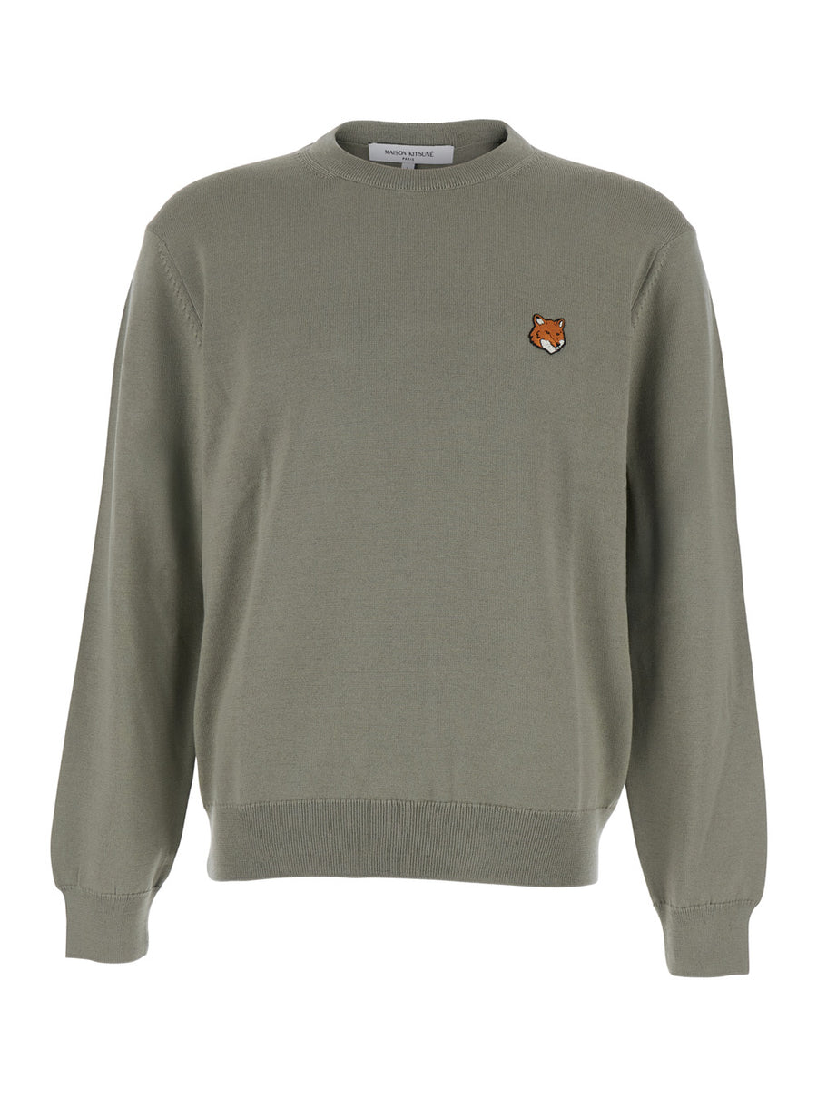 Green Crew Neck Sweater With Fox Patch Merinos Extrafine Wool Tops