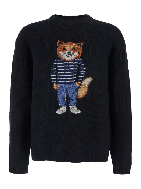 Black Crewneck Sweater With Logo Embroidery Wool Tops