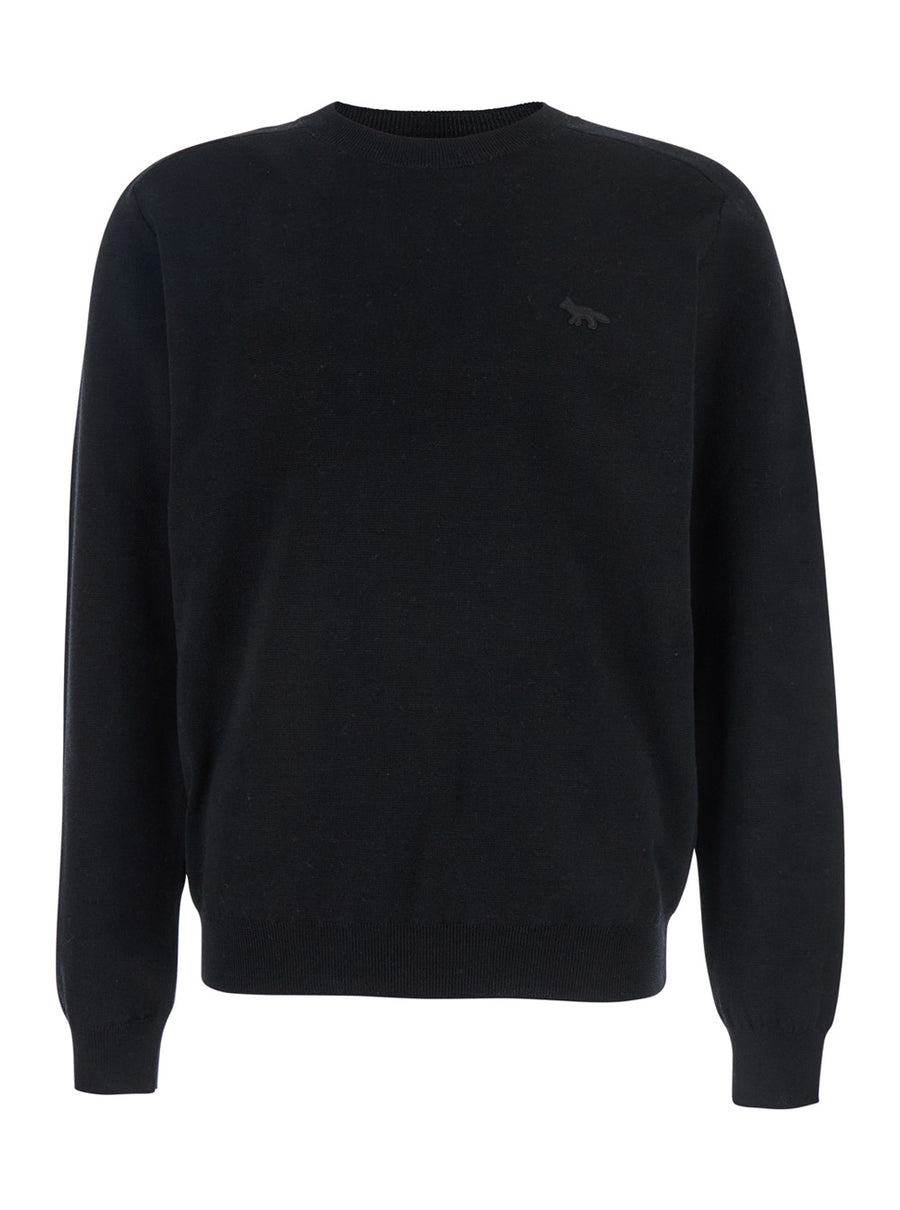 Black Crew Neck Sweater With Fox Patch Merinos Extrafine Wool Tops