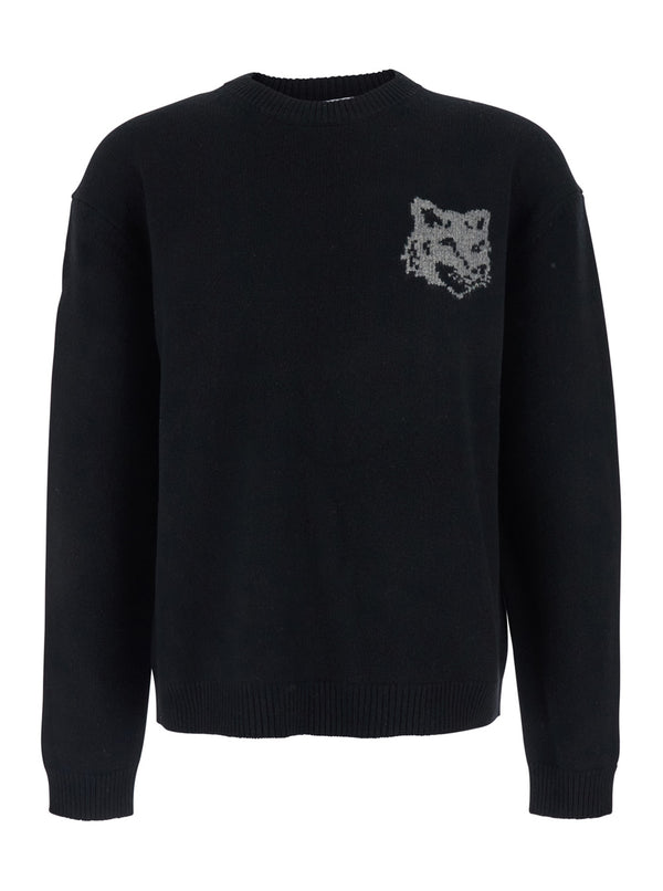 Black Crewneck Sweater With Logo Embroidery Merinos Extrafine Wool Tops
