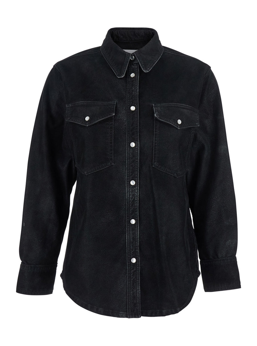 Black Shirt With Classic Collar And Pockets Fabric Blouses